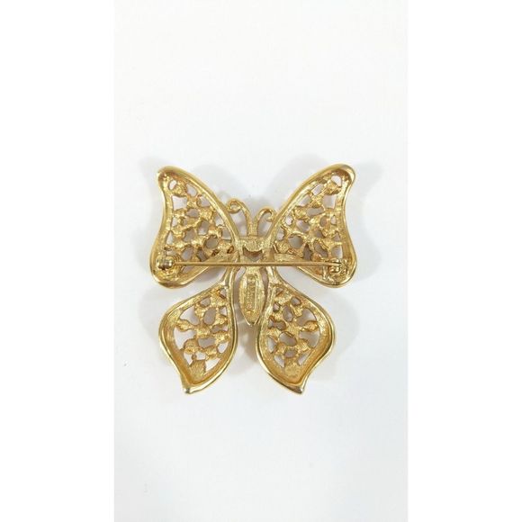 Butterfly Shaped Brooch White Rhinestones Gold Toned - Signed Monet - Picture 5 of 6
